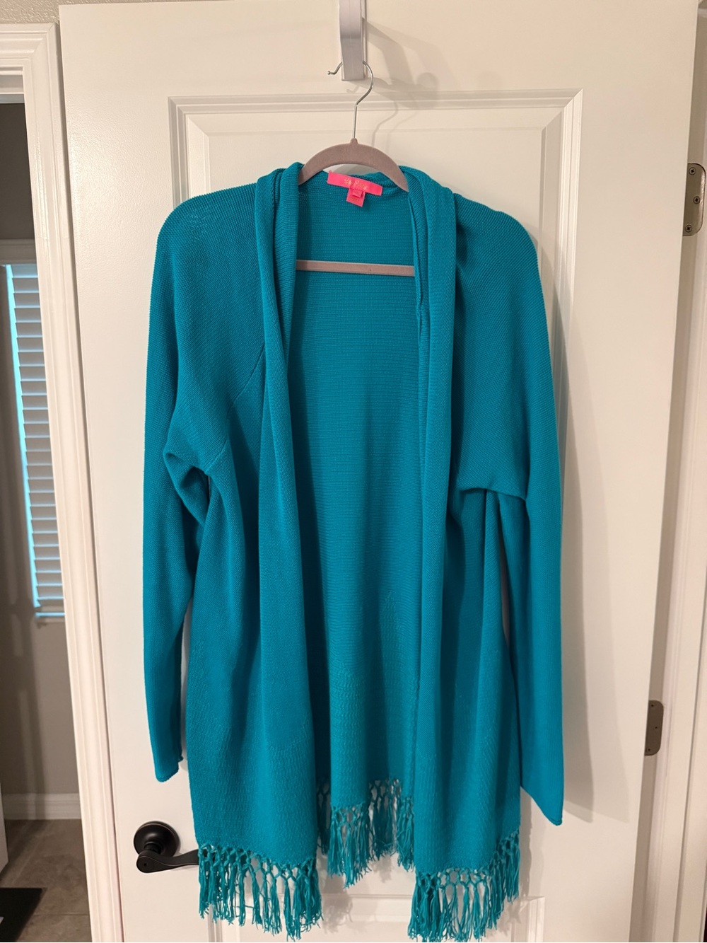 Lilly Pulitzer Teal Open-Front Fringe Cardigan
